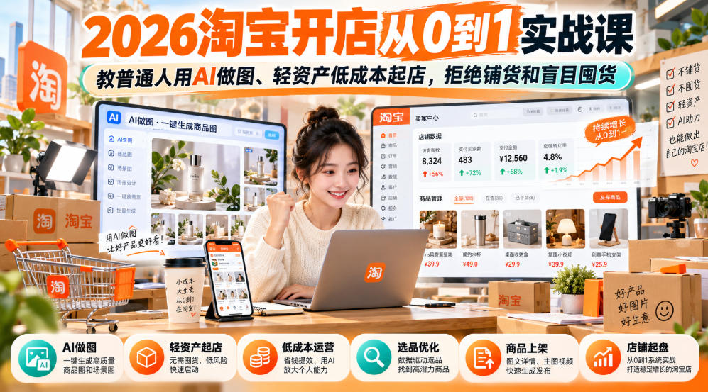 2026淘宝开店从0到1实战课，教普通人用AI做图、轻资产低成本起店，拒绝铺货和盲目囤货-我爱发帖