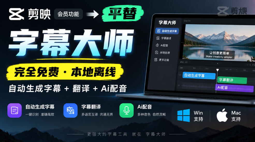 剪映会员功能平替，字幕大师完全免费本地离线，支持自动生成字幕+翻译+Ai配音，Win和Mac都支持！-我爱发帖