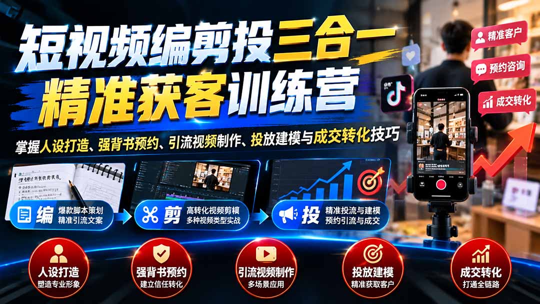 短视频编剪投三合一精准获客训练营：掌握人设打造、强背书预约、引流视频制作、投放建模与成交转化技巧-我爱发帖