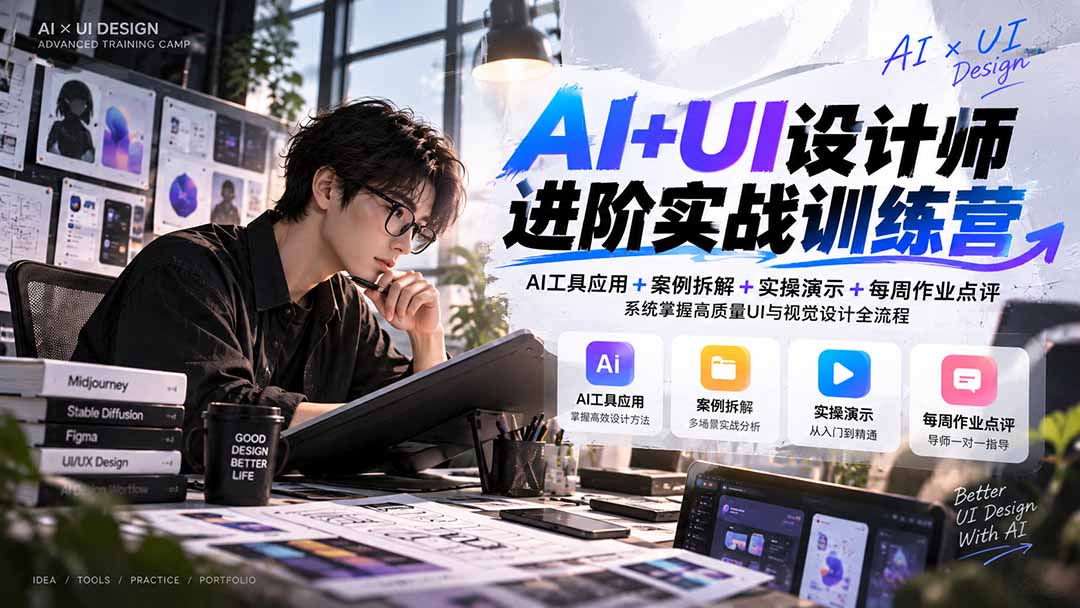 【无水印】AI+UI设计师进阶训练营-第4期：AI工具应用+案例拆解+实操演示+作业点评，掌握高质量UI与视觉设计全流程-我爱发帖