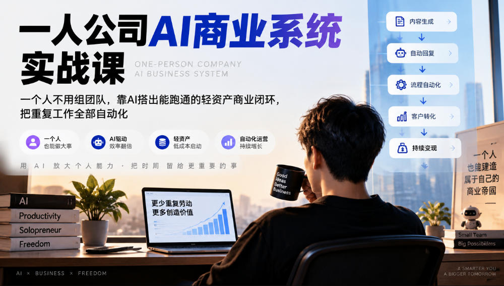 一人公司AI商业系统实战课，一个人不用组团队，靠AI搭出能跑通的轻资产商业闭环，把重复工作全部自动化-我爱发帖