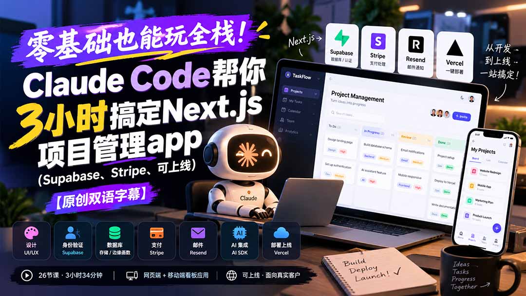 零基础也能玩全栈！Claude Code帮你3小时搞定Next.js项目管理app(Supabase、Stripe、可上线｜焦圣希 18818568866