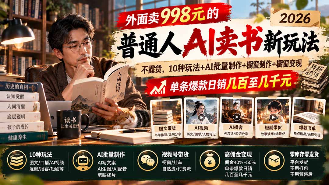 外面卖998元的2026普通人AI卖书新玩法：不露脸、不囤货，10种玩法+AI批量制作+橱窗变现，单条爆款日销几百至几千元-我爱发帖