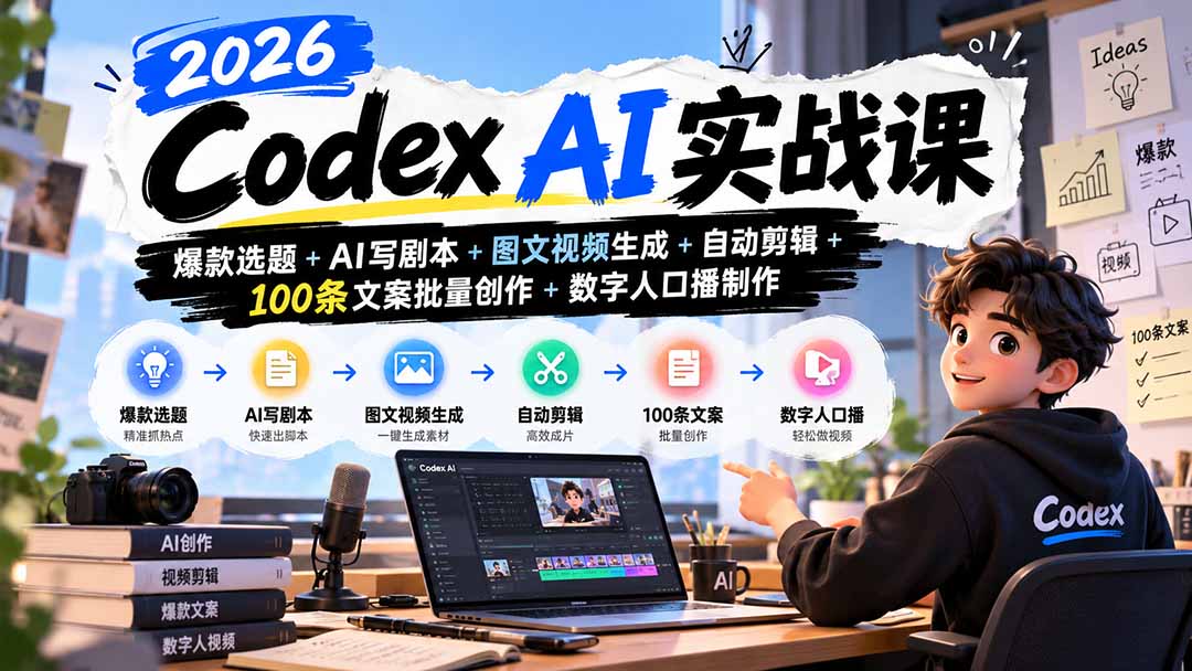 2026Codex AI实战课：爆款选题+AI写剧本+图文视频生成+自动剪辑+100条文案批量创作+数字人口播制作-我爱发帖