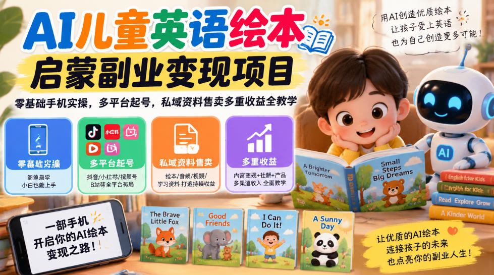 AI儿童英语绘本启蒙副业变现项目，零基础手机实操，多平台起号，私域资料售卖多重收益全教学-我爱发帖