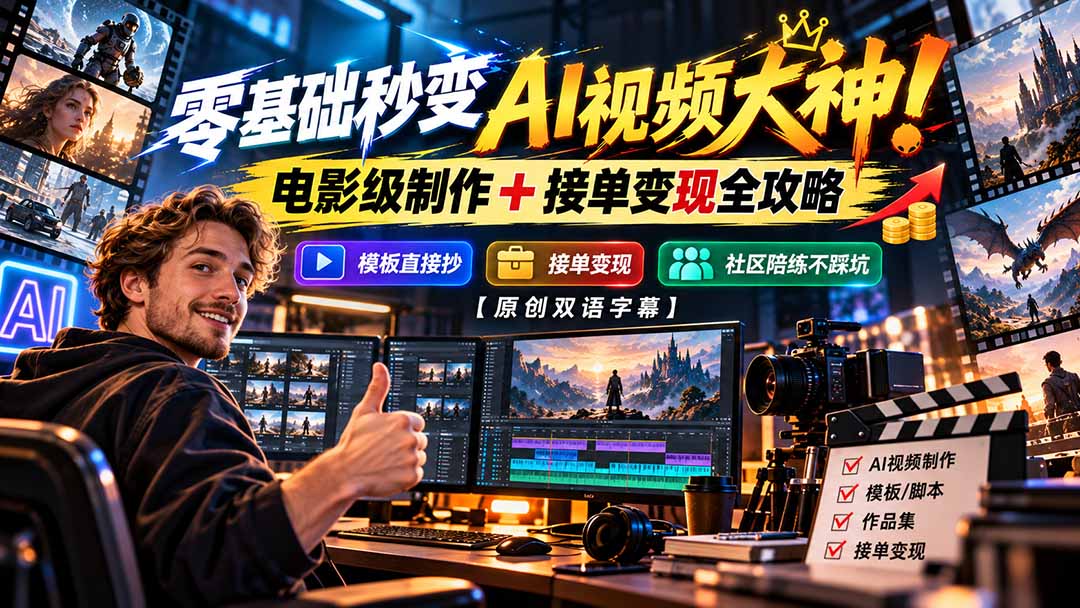 零基础秒变AI视频大神!电影级制作 + 接单变现全攻略,模板直接抄,社区陪练不踩坑【原创双语字幕】-我爱发帖