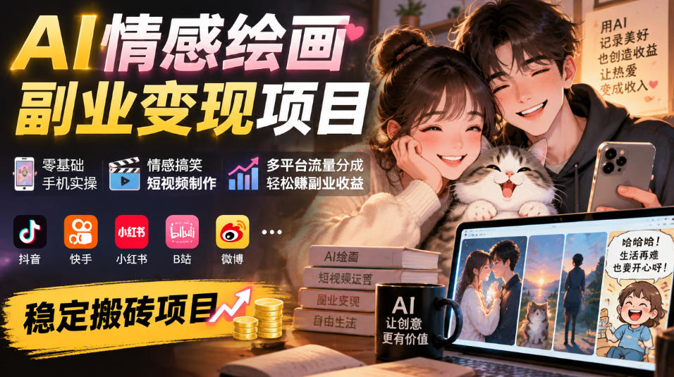 AI情感绘画副业变现项目|零基础手机实操,情感搞笑短视频制作,多平台流量分成轻松賺副业收益网络赚钱,项目资源网,副业资源网,兼职项目,网赚课程-副业赚钱-互联网创业-独家轻创IP大圣网创