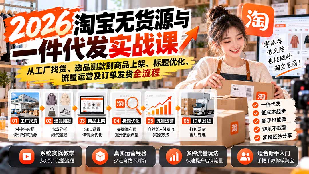 2026淘宝无货源与一件代发实战课:从工厂找货、选品测款到商品上架、标题优化、流量运营及订单发货全流程-我爱发帖