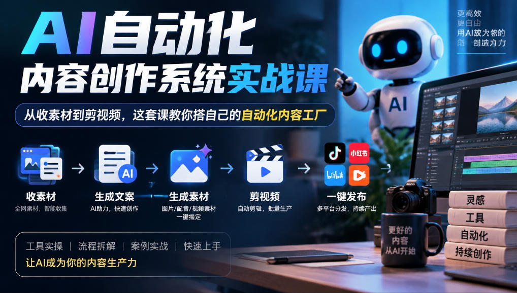 AI自动化内容创作系统实战课,从收素材到剪视频,这套课教你搭自己的自动化内容工厂-我爱发帖