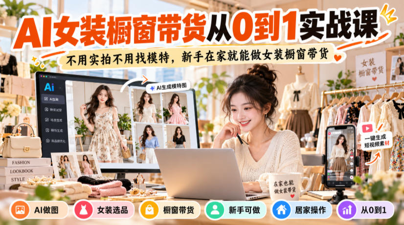 AI女装橱窗带货从0到1实战课,不用实拍不用找模特,新手在家就能做女装橱窗带货-我爱发帖