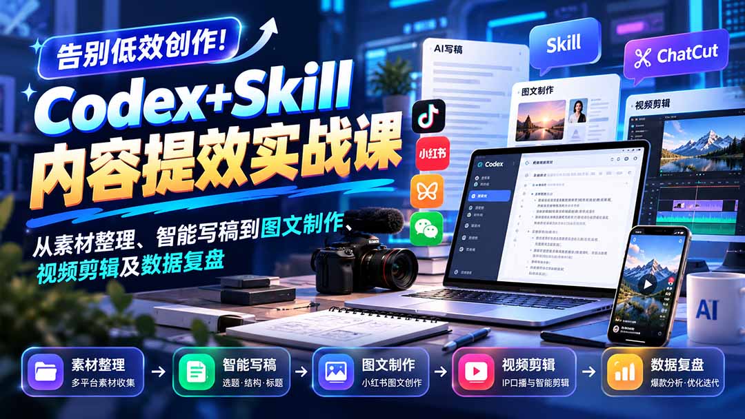 【无水印】告别低效创作！Codex+Skill内容提效实战课：从素材整理、智能写稿到图文制作、视频剪辑及数据复盘-我爱发帖