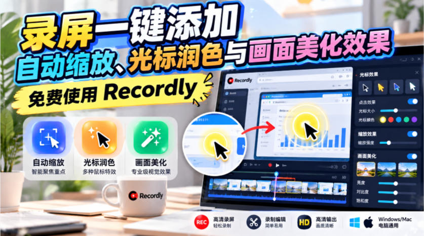 录屏一键添加自动缩放、光标润色与画面美化效果,免费使用Recordly