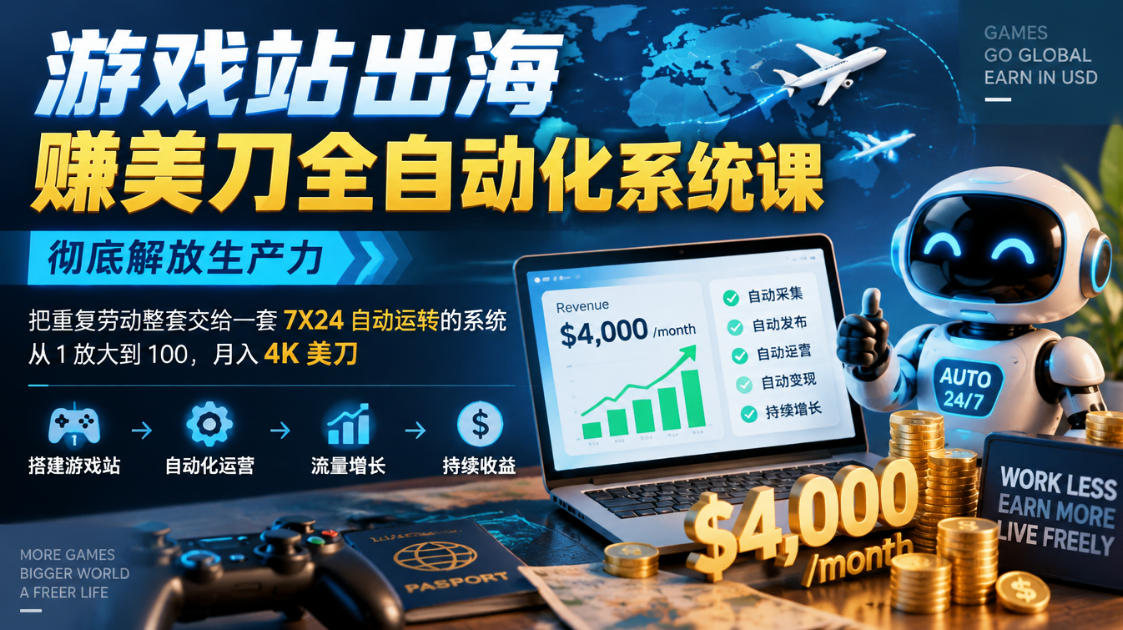 游戏站出海賺美刀全自动化系统课，彻底解放生产力–把重复劳动整套交给一套7X24自动运转的系统，从1放大到100，月入4K美刀｜焦圣希 18818568866