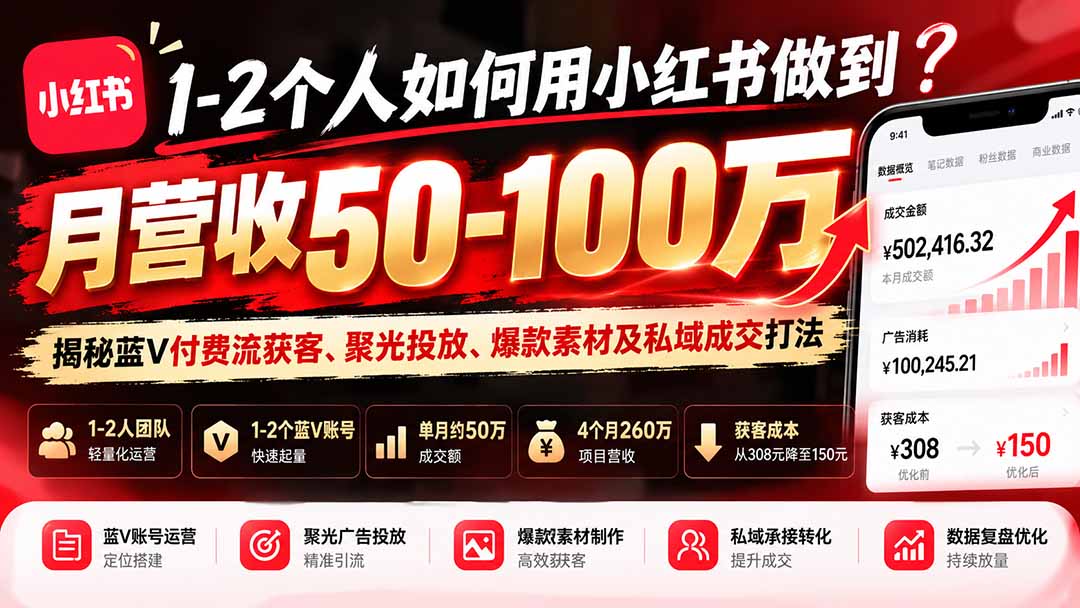 1-2个人如何用小红书做到月营收50-100万？揭秘蓝V付费流获客、聚光投放、爆款素材及私域成交打法-我爱发帖