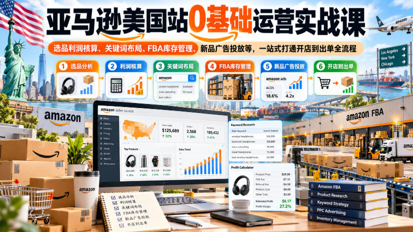 亚马逊美国站0基础运营实战课｜选品利润核算、关键词布局、FBA库存管理、新品广告投放等，一站式打通开店到出单全流程-我爱发帖