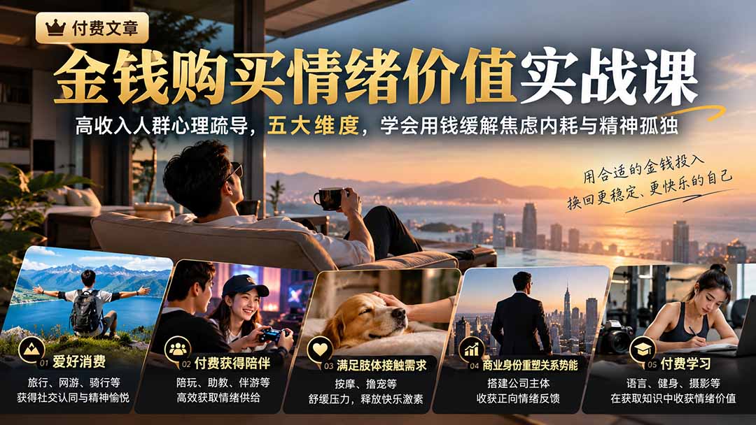 付费文章：金钱购买情绪价值实战课｜高收入人群心理疏导，五大维度，学会用钱缓解焦虑内耗与精神孤独-我爱发帖