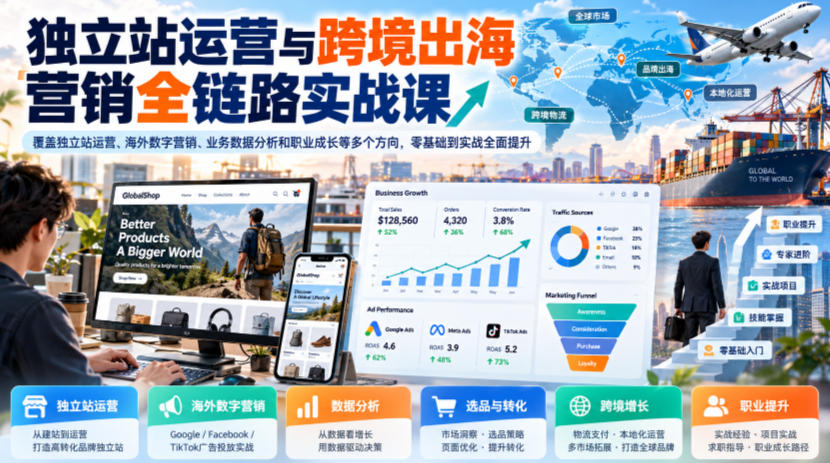 独立站运营与跨境出海营销全链路实战课，覆盖独立站运营、海外数字营销、业务数据分析和职业成长等多个方向，零基础到实战全面提升｜焦圣希 18818568866