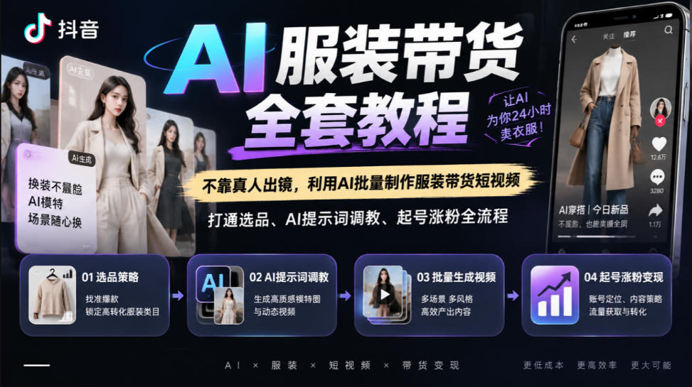 抖音AI服装带货全套教程，不靠真人出镜，利用AI批量制作服装带货短视频，打通选品、AI提示词调教、起号涨粉全流程-我爱发帖