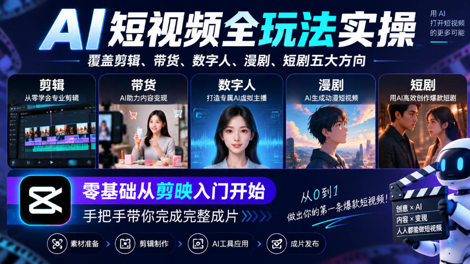 AI短视频全玩法实操,覆盖剪辑、带货、数字人、漫剧、短剧五大方向,零基础从剪映入门开始,手把手带你完成完整成片-我爱发帖