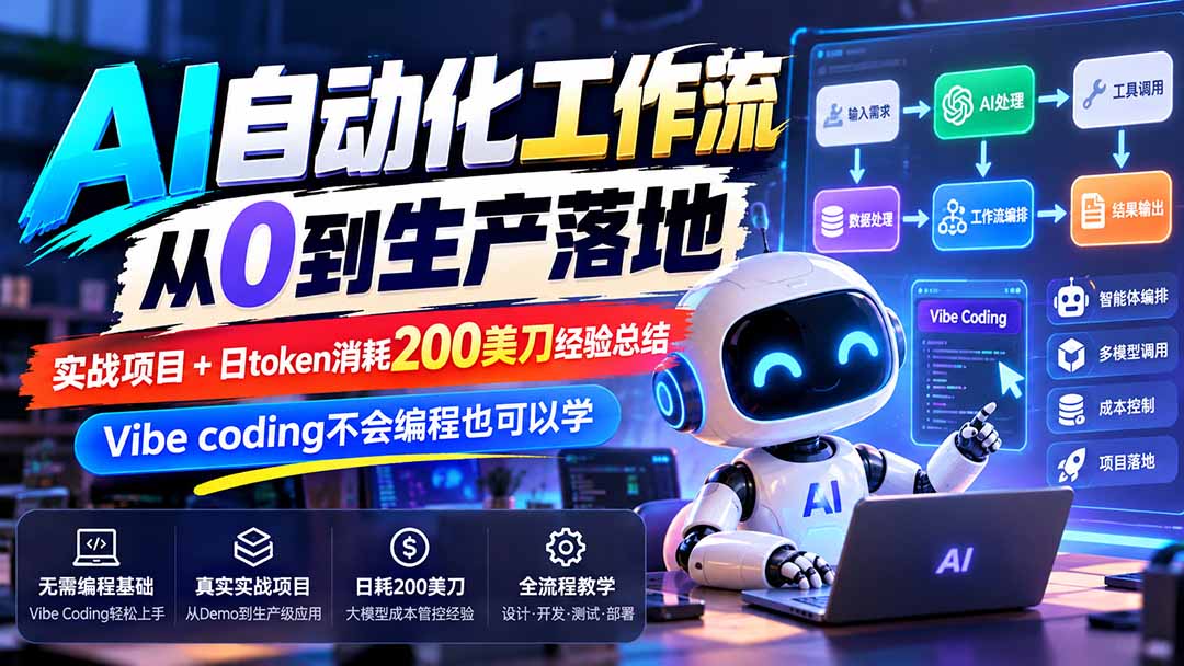 【无水印】AI自动化工作流从0到生产落地，实战项目+日token消耗200美刀经验总结，Vibe coding不会编程也可以学-我爱发帖