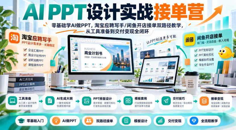 AI PPT设计实战接单营｜零基础学AI做PPT，淘宝应聘写手/闲鱼开店接单双路径教学，从工具准备到交付变现全闭环｜焦圣希 18818568866