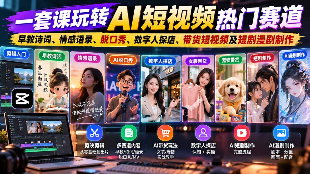 一套课玩转AI短视频热门赛道：早教诗词、情感语录、脱口秀、数字人探店、带货短视频及短剧漫剧制作  复制标题-我爱发帖