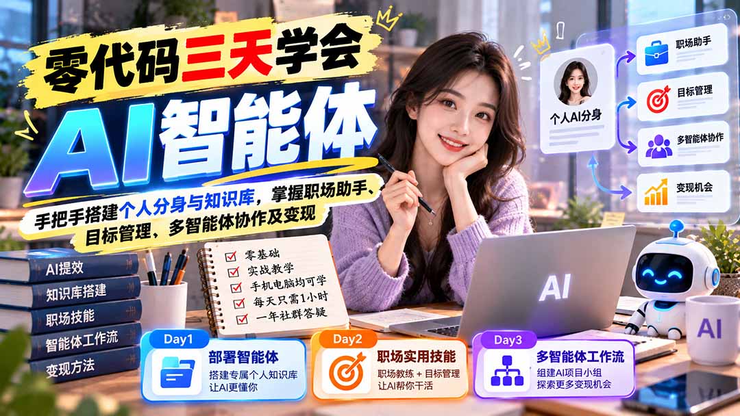 【无水印】零代码三天学会AI智能体：手把手搭建个人分身与知识库，掌握职场助手、目标管理、多智能体协作及变现-我爱发帖