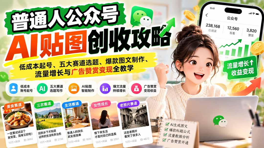 普通人公众号AI贴图创收攻略:低成本起号、五大赛道选题、爆款图文制作、流量增长与广告赞赏变现全教学-我爱发帖