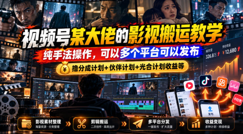 视频号某大佬的影视搬运教学,纯手法操作,可以多个平台可以发布,撸分成计划+伙伴计划+光合计划收益等-我爱发帖