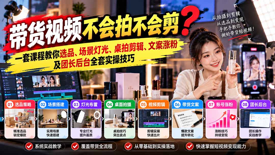 带货视频不会拍不会剪？一套课程教你选品、场景灯光、桌拍剪辑、文案涨粉及团长后台全套实操技巧  复制标题-我爱发帖