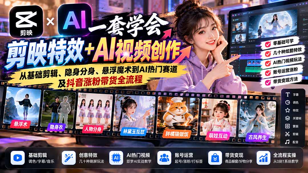 一套学会剪映特效+AI视频创作:从基础剪辑、隐身分身、悬浮魔术到AI热门赛道及抖音涨粉带货全流程-我爱发帖