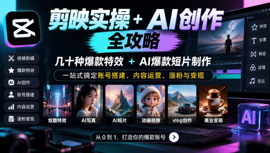剪映实操+AI创作全攻略|几十种爆款特效+AI爆款短片制作,一站式搞定账号搭建、内容运营、涨粉与变现-我爱发帖