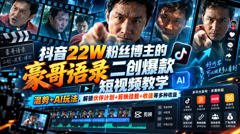 抖音22W粉丝博主的豪哥语录二创爆款短视频教学，混剪+AI玩法，解锁伙伴计划+剪映挂载+收徒等多种收益-我爱发帖