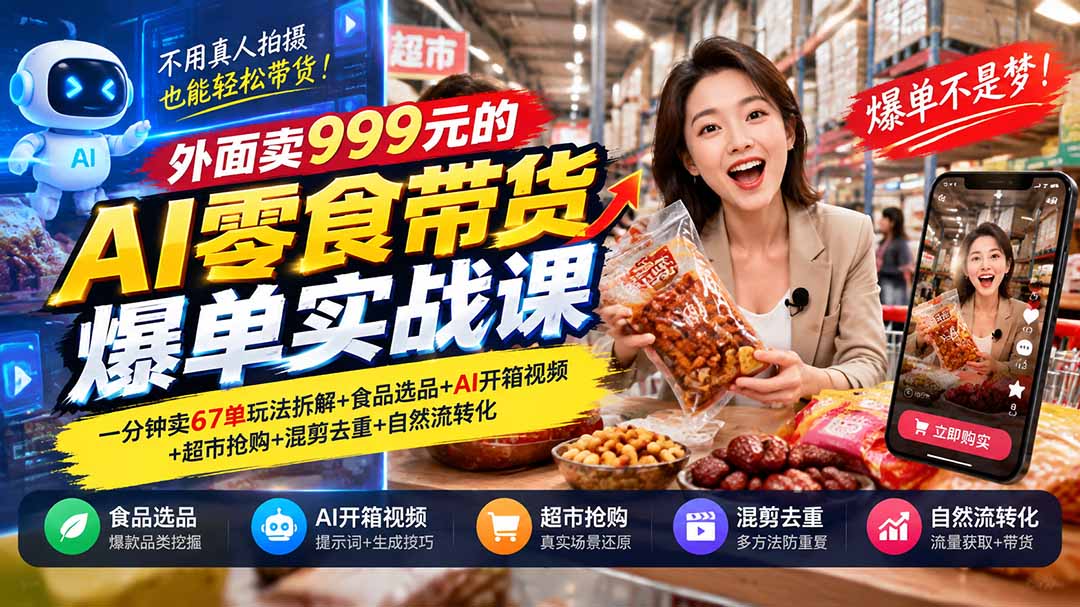 外面卖999元的AI零食带货爆单实战课｜一分钟卖67单玩法拆解+食品选品+AI开箱视频+超市抢购+混剪去重+自然流转化-小艾项目网