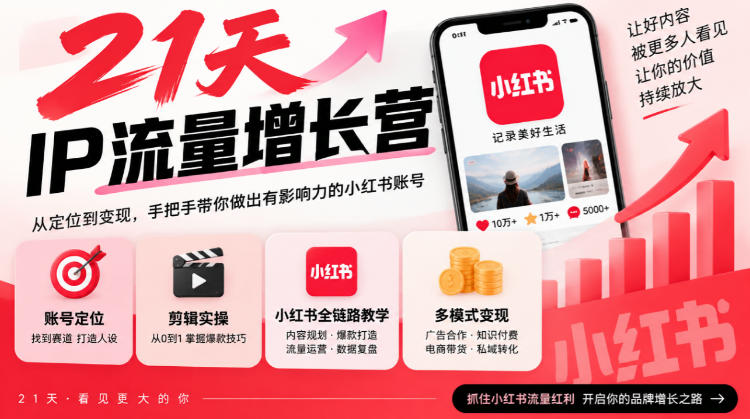 21天IP流量增长营，小红书全链路教学，账号定位剪辑实操，多模式变现系统课-我爱发帖
