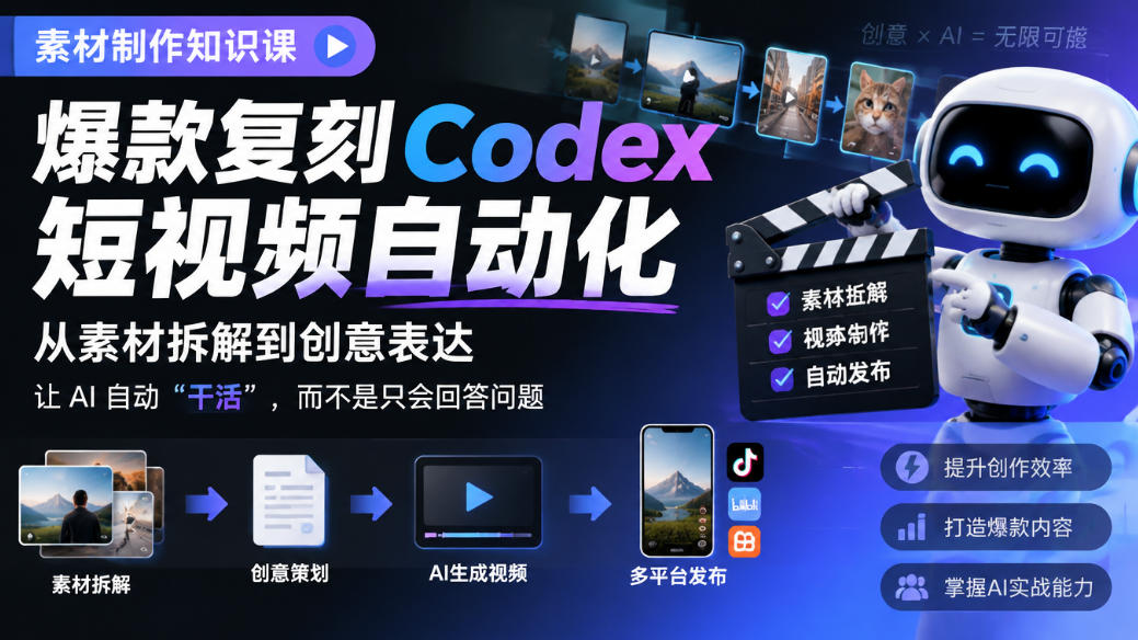 素材制作知识课，爆款复刻Codex短视频自动化，从素材拆解到创意表达，让AI自动“干活”，而不是只会回答问题｜焦圣希 18818568866