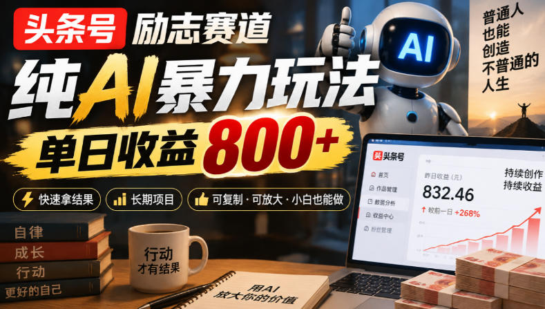 头条号励志赛道，纯AI暴力玩法，单日收益800+，快速拿结果，长期项目-我爱发帖