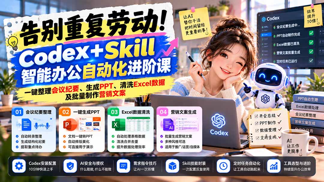 告别重复劳动！Codex+Skill智能办公自动化进阶课：一键整理会议纪要、生成PPT、清洗Excel数据及批量制作营销文案｜焦圣希 18818568866