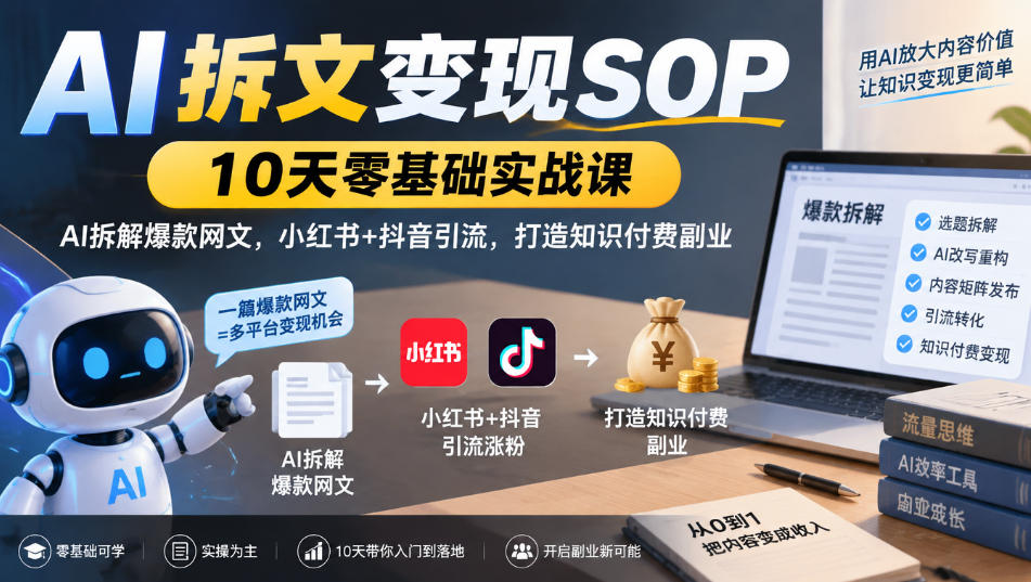 AI拆文变现SOP｜10天零基础实战课，AI拆解爆款网文，小红书+抖音引流，打造知识付费副业-我爱发帖