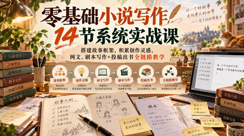 零基础小说写作14节系统实战课，搭建故事框架，积累创作灵感，网文、剧本写作+投稿出书全链路教学-我爱发帖