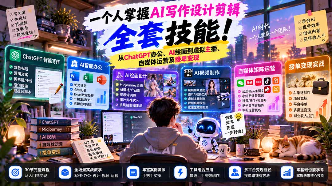 一个人掌握AI写作设计剪辑全套技能：从ChatGPT办公、AI绘画到虚拟主播、自媒体运营及接单变现｜焦圣希 18818568866