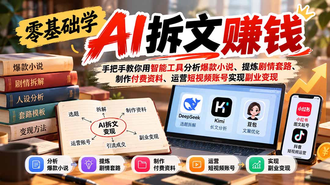 零基础学AI拆文赚钱：手把手教你用智能工具分析爆款小说、提炼剧情套路、制作付费资料、运营短视频账号实现副业变现｜焦圣希 18818568866