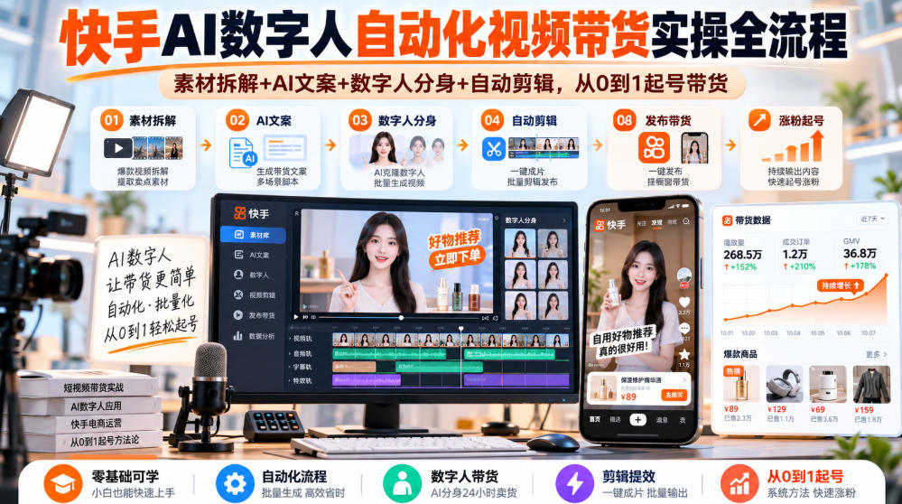 快手AI数字人自动化视频带货实操全流程｜素材拆解+AI文案+数字人分身+自动剪辑，从0到1起号带货(更新26年)-摇钱树