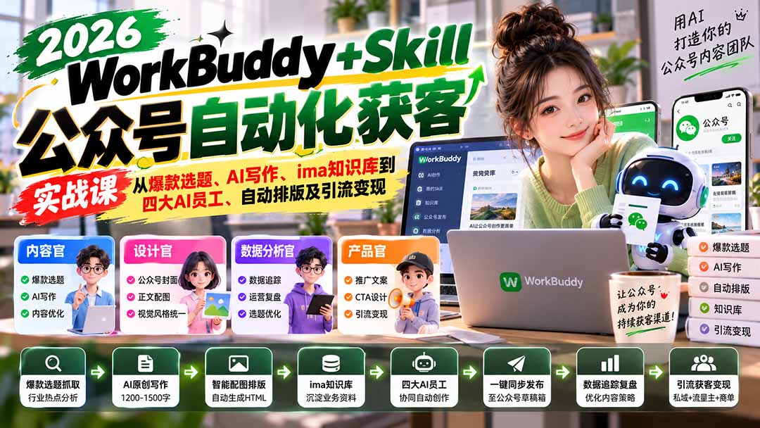 WorkBuddy + Skill公众号自动化获客实战课：从爆款选题、AI写作、ima知识库到四大AI员工、自动排版及引流变现-我爱发帖