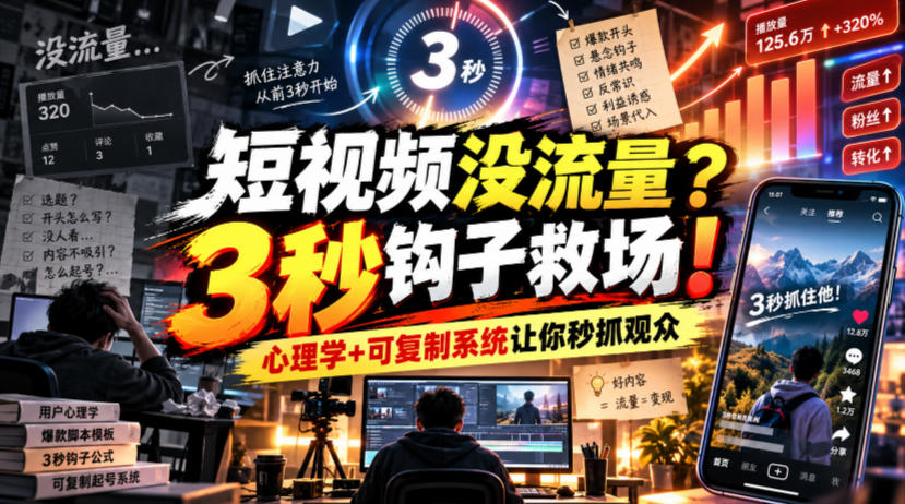 【无水印】短视频没流量？3秒钩子救场！心理学+可复制系统让你秒抓观众【原创双语字幕】-我爱发帖