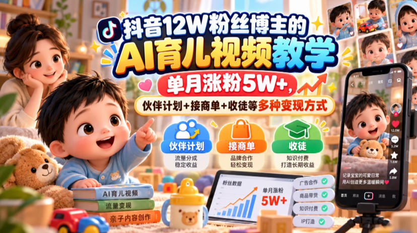 抖音12W粉丝博主的AI育儿视频教学，单月涨粉5W+，伙伴计划+接商单+收徒等多种变现方式-我爱发帖
