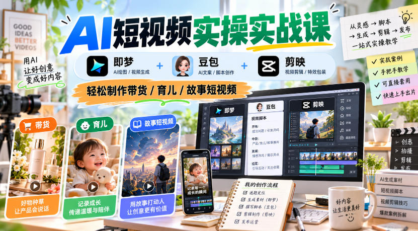 AI短视频实操实战课，即梦+豆包+剪映，轻松制作带货/育儿/故事短视频｜焦圣希 18818568866