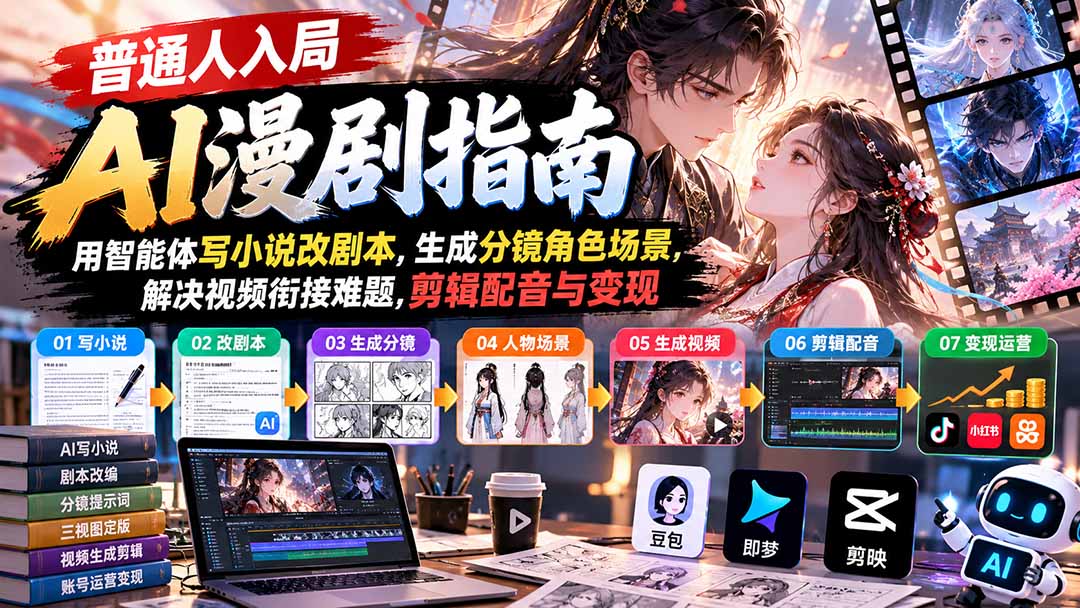 【无水印】普通人入局AI漫剧指南：用智能体写小说改剧本，生成分镜角色场景，解决视频衔接难题，剪辑配音与变现｜焦圣希 18818568866