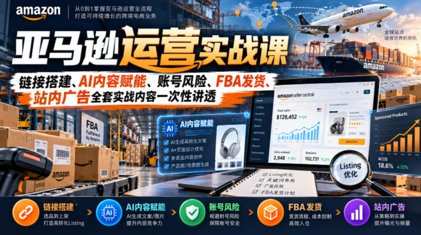 亚马逊运营实战课，链接搭建、AI内容赋能、账号风险、FBA发货、站内广告全套实战内容一次性讲透-我爱发帖