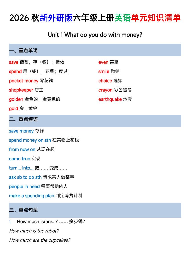 外研社版六年级英语上册全单元知识清单｜焦圣希 18818568866